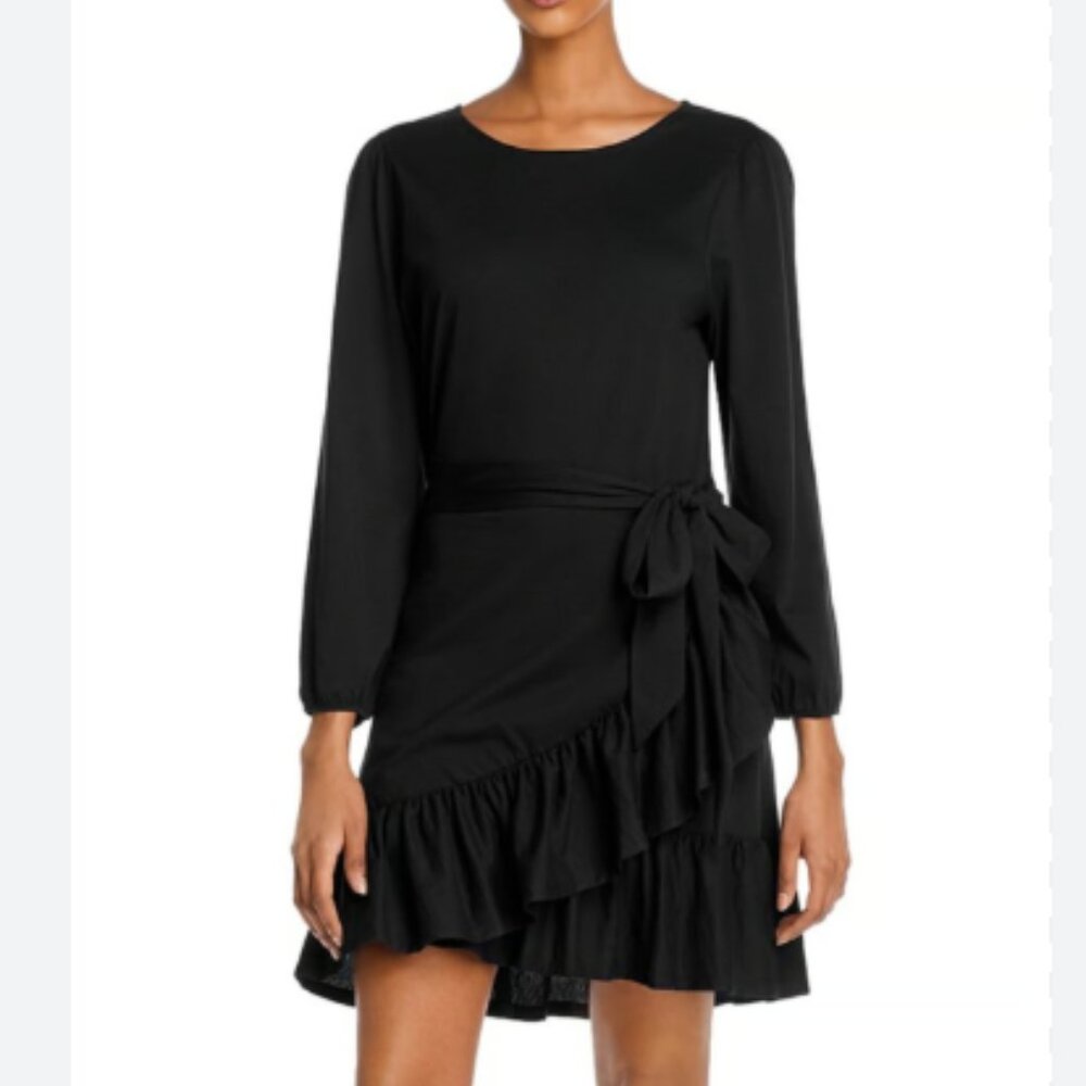 Rebecca Minkoff Josephine Cotton Draped Wrap Waist Ruffled Mini Dress Black 0 2